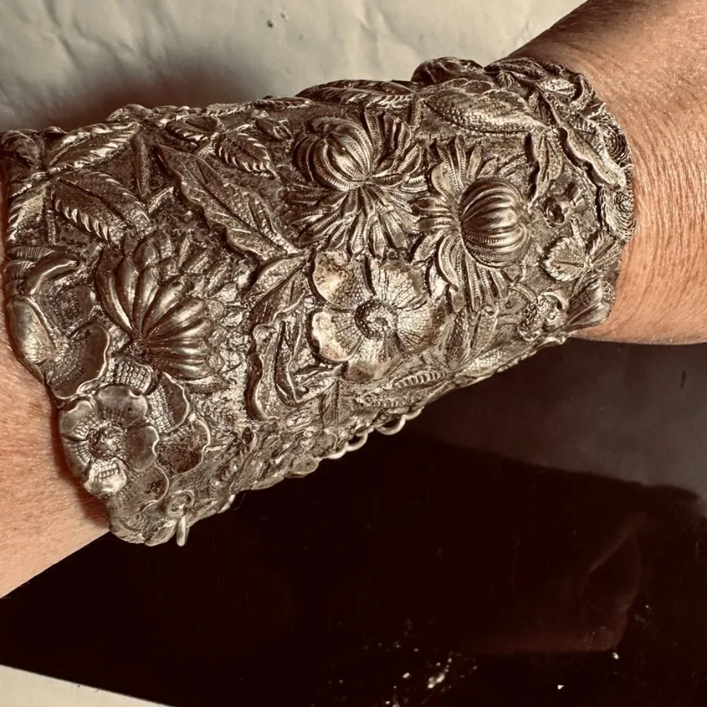 Floral Sterling Silver Cuff Bracelet Wide Art Nouveau 925 Kirk Stieff Repoussé